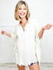 Linen Oversized Collared Poncho Cover Up Top with Fringe Details