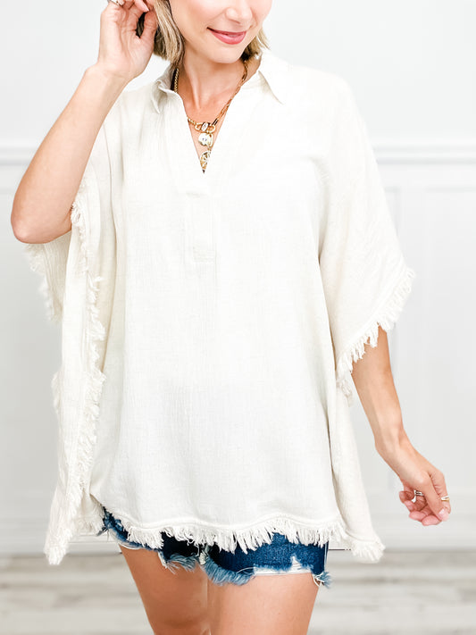 Linen Oversized Collared Poncho Cover Up Top with Fringe Details