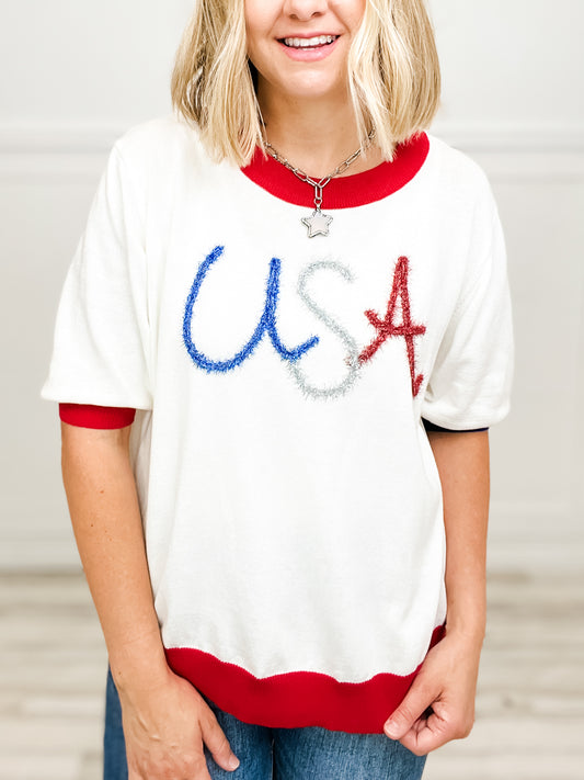 USA Metallic Letter Color Block Knit Top