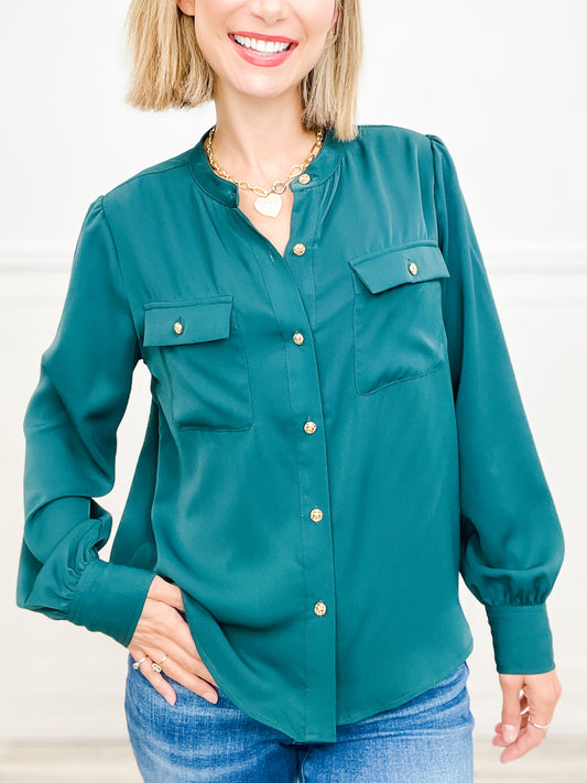 Long Sleeve Silky Gold Buttons - Button Up Top