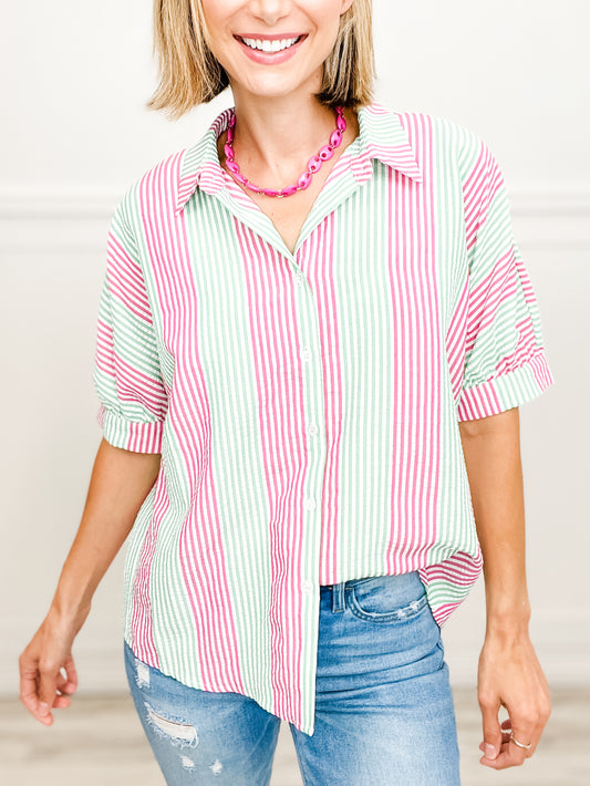 Sunset Serenade Striped Button Down Dolman Sleeves Top
