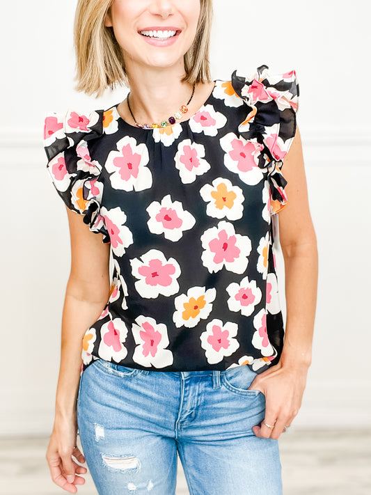 Flowers Make Me Happy Floral Print Top with Frill Sleeves