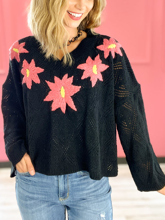 V-neck embroidered floral pattern pullover sweater