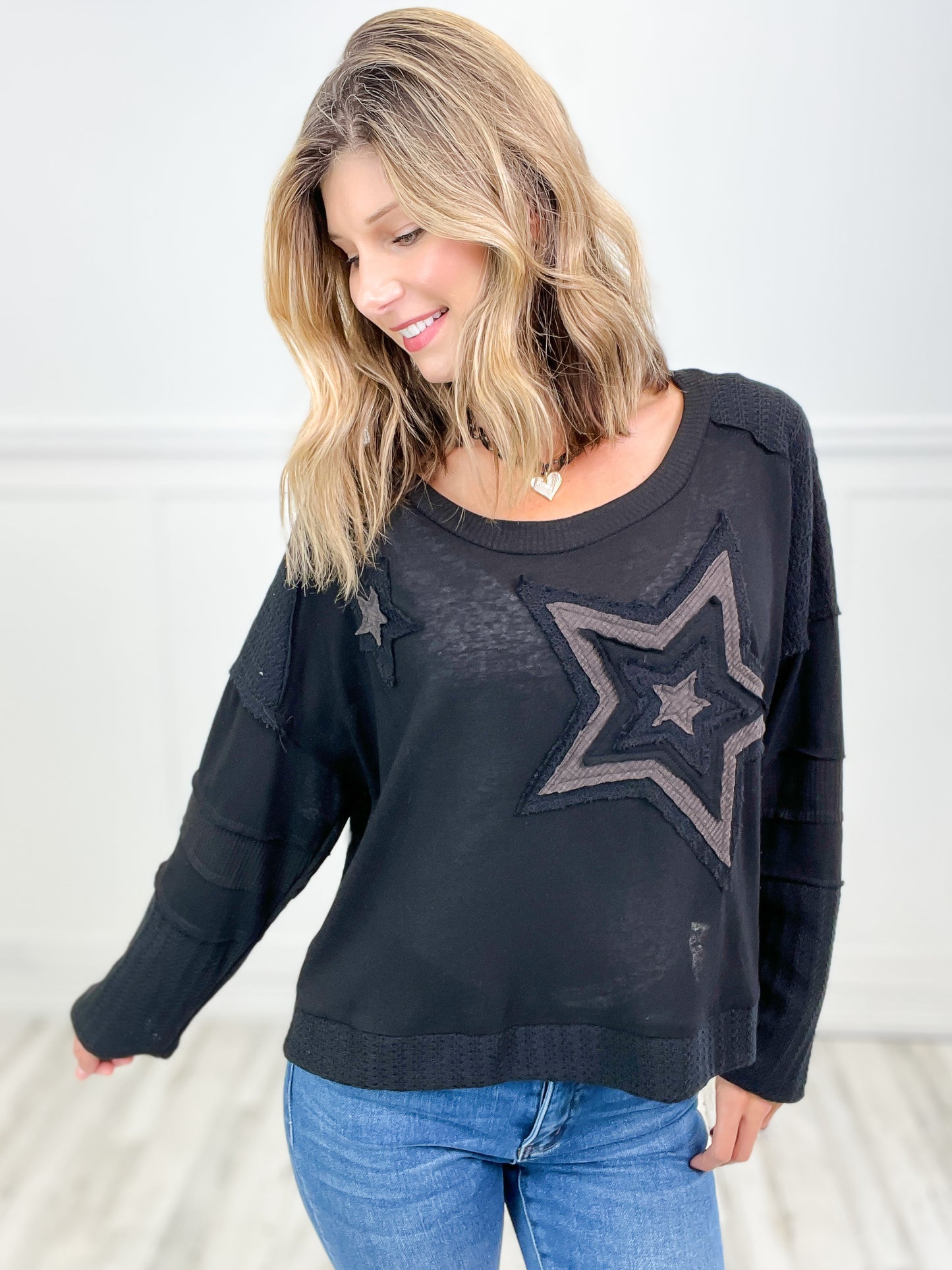 A Star Is Born Star Patch Long Sleeve Cropped Knit Top - A